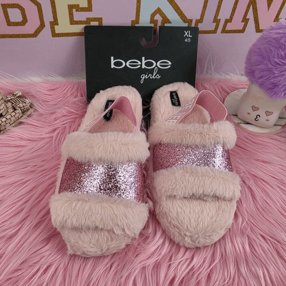 ❤️ NWT Bebe Pink Plush Rhinestone Sandals XL (4/5) #7375 ❤️